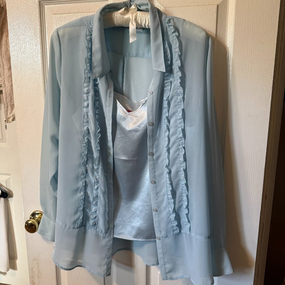 Blue Du Jour Sheer Ruffle Blue Blouse and Cami Set L
